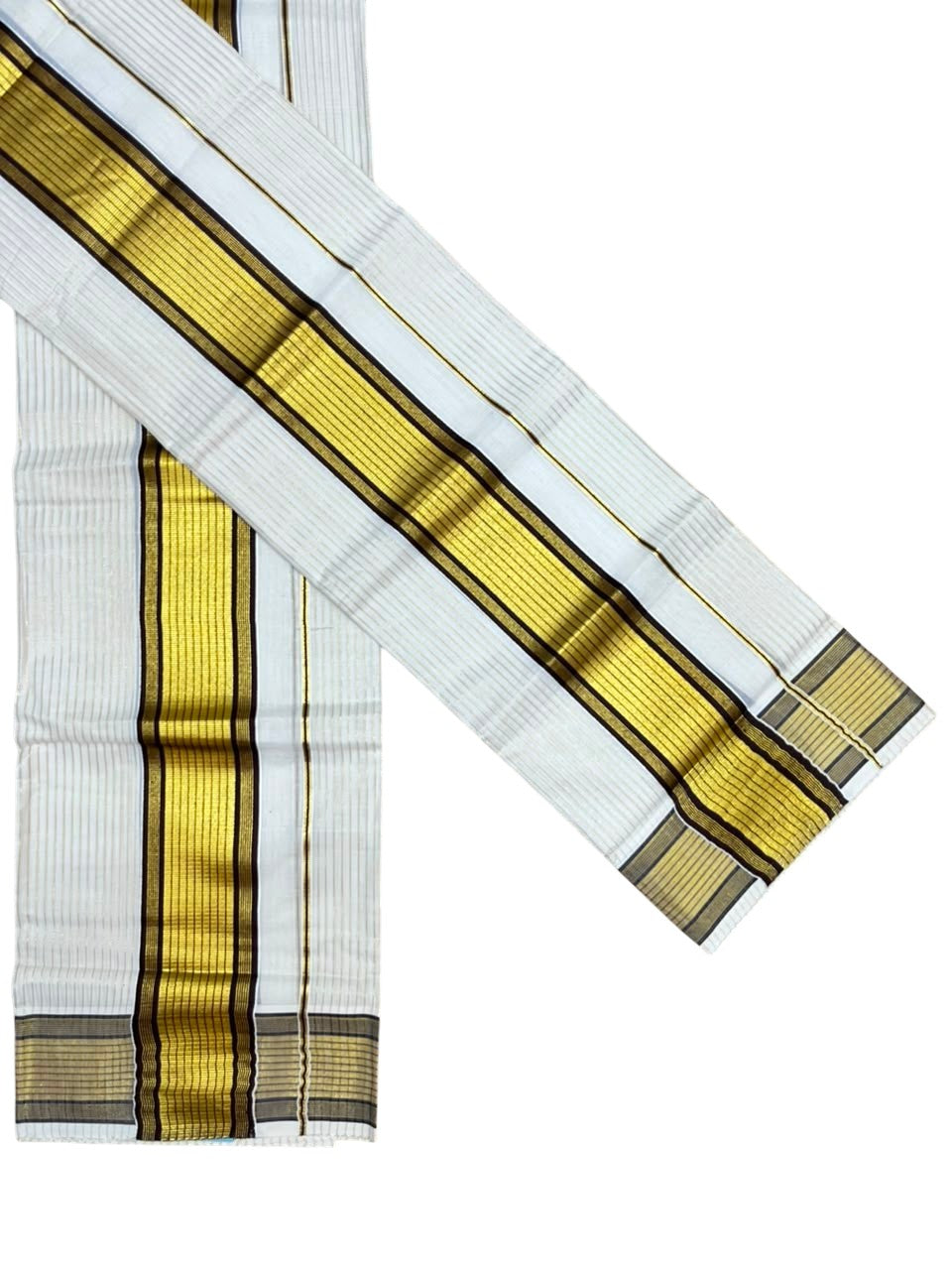 Southloom Pure Cotton Mundum Neriyathum (Set Mundu) with Gold Kasavu Lines Acorss Body & Brown Borders on the Kasavu  2.80 Mtrs SL515