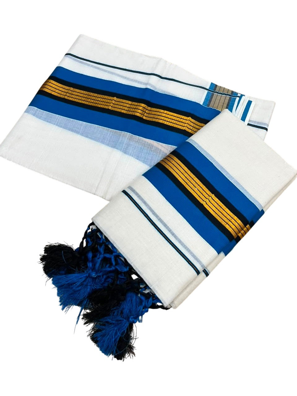Southloom Kerala Cotton Single Set Mundu (Mundum Neriyathum) with Kasavu and Blue Border And Black With Tussles SLKK518