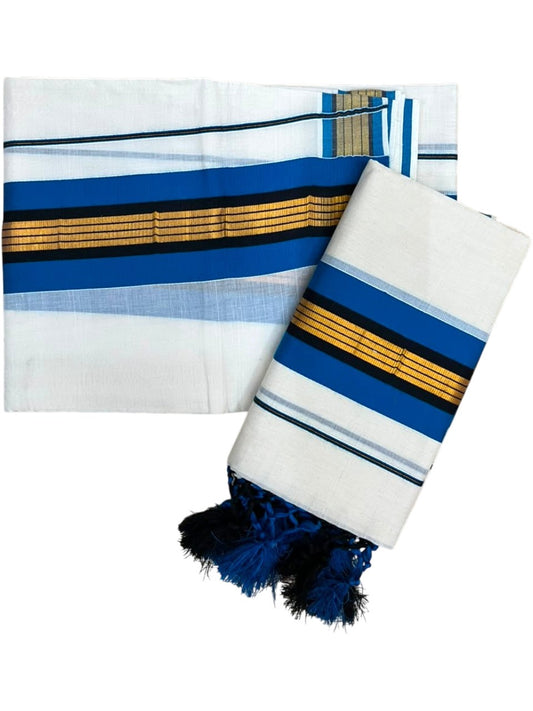 Southloom Kerala Cotton Single Set Mundu (Mundum Neriyathum) with Kasavu and Blue Border And Black With Tussles SLKK SL518