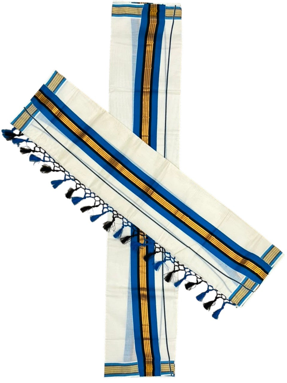 Southloom Kerala Cotton Single Set Mundu (Mundum Neriyathum) with Kasavu and Blue Border And Black With Tussles SLKK518