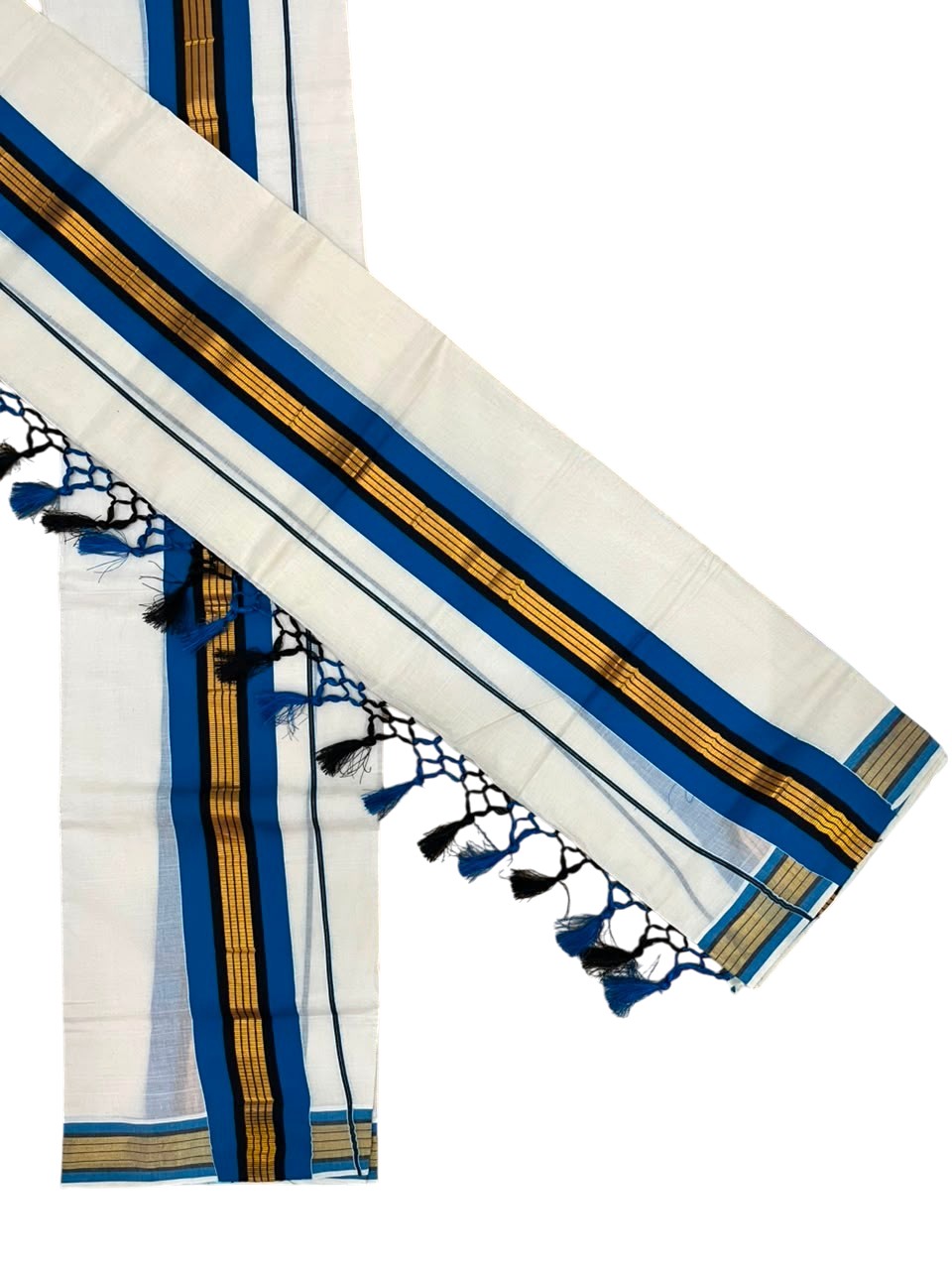 Southloom Kerala Cotton Single Set Mundu (Mundum Neriyathum) with Kasavu and Blue Border And Black With Tussles SLKK518