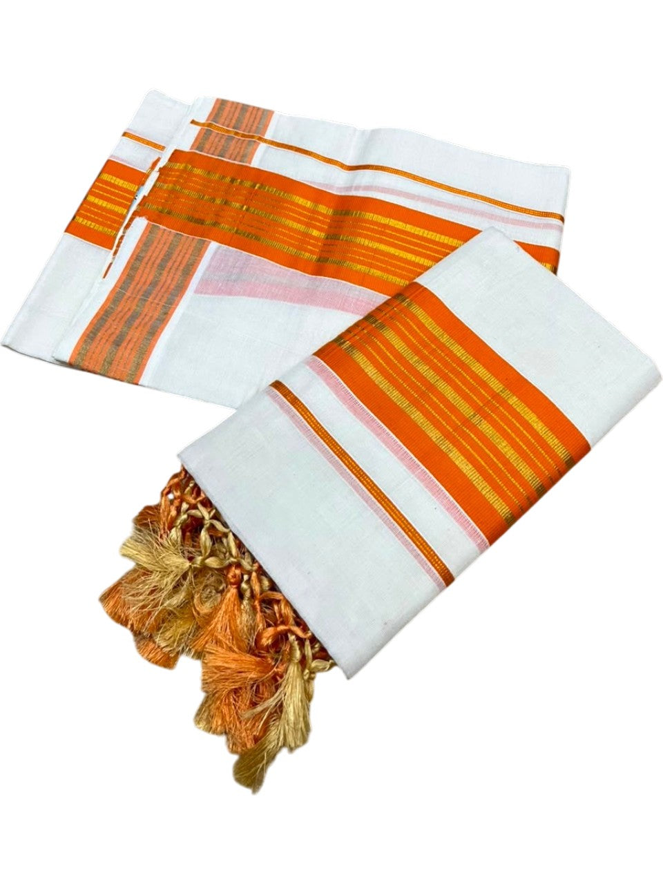 Southloom Kerala Cotton Single Set Mundu (Mundum Neriyathum) with Kasavu In Orange With Tussles SLKK518