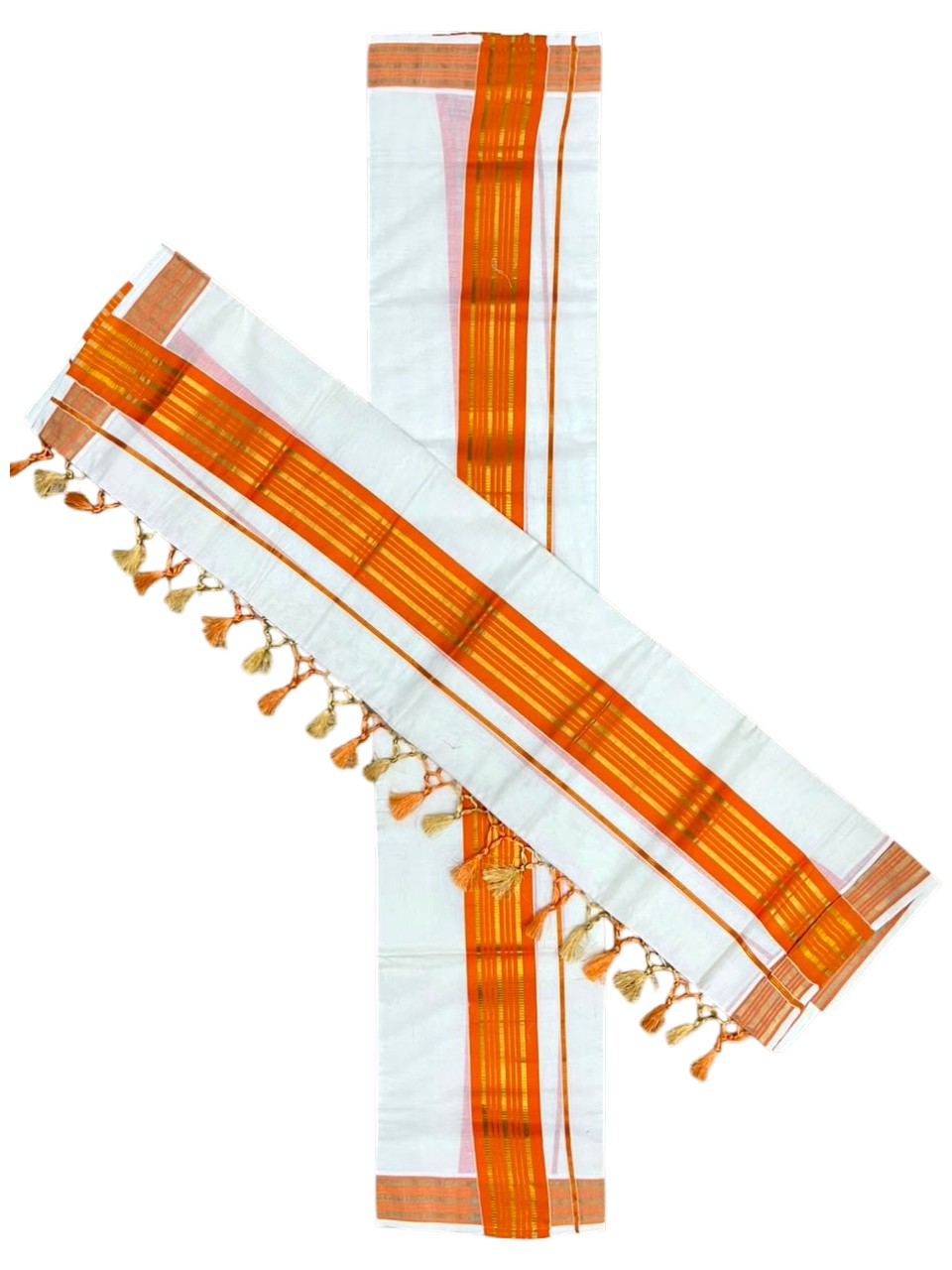 Southloom Kerala Cotton Single Set Mundu (Mundum Neriyathum) with Kasavu In Orange With Tussles SLKK518