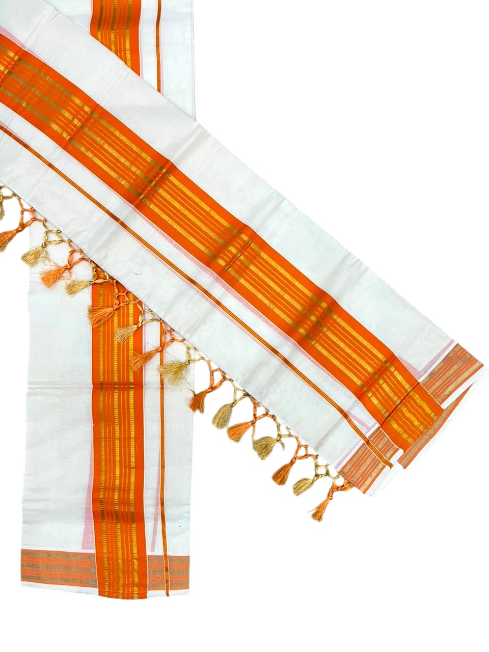Southloom Kerala Cotton Single Set Mundu (Mundum Neriyathum) with Kasavu In Orange With Tussles SLKK518
