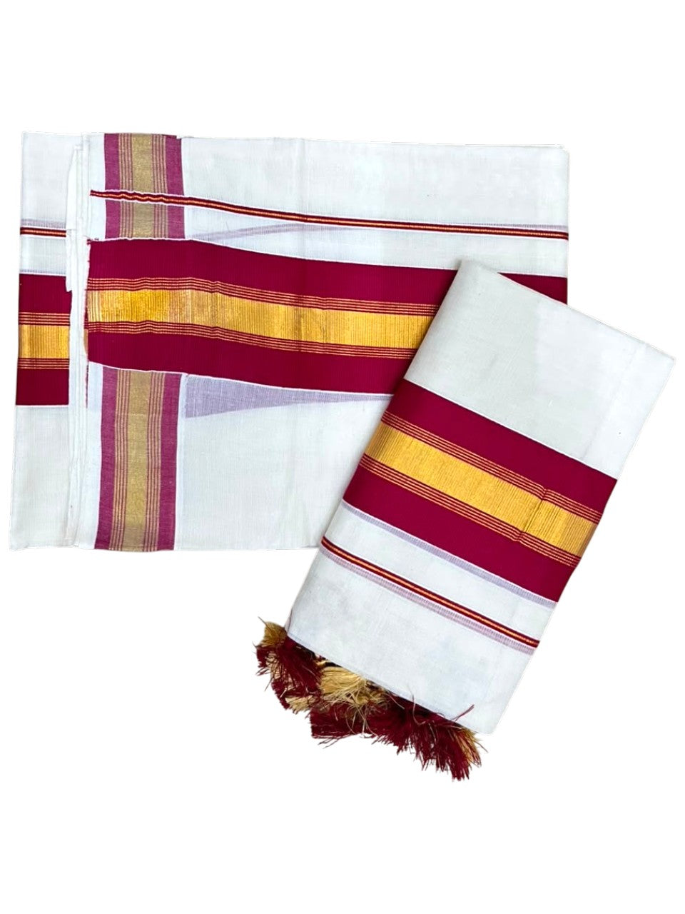 Southloom Kerala Cotton Single Set Mundu (Mundum Neriyathum) with Kasavu In Maroon With Tussles SLKK518