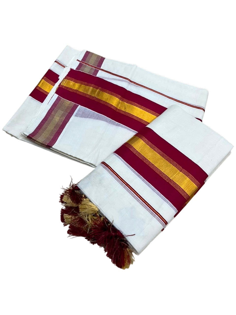 Southloom Kerala Cotton Single Set Mundu (Mundum Neriyathum) with Kasavu In Maroon With Tussles SLKK518