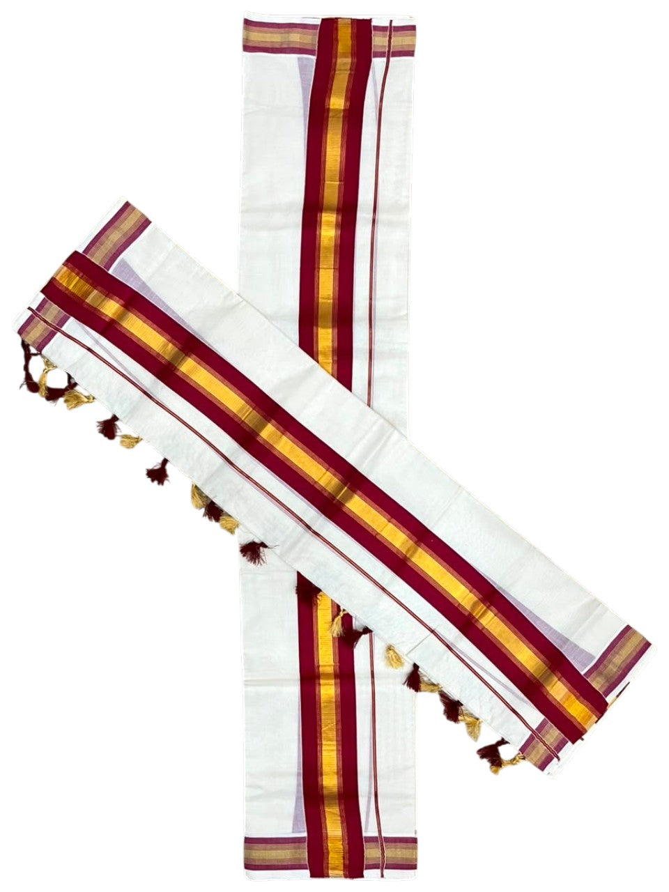 Southloom Kerala Cotton Single Set Mundu (Mundum Neriyathum) with Kasavu In Maroon With Tussles SLKK518