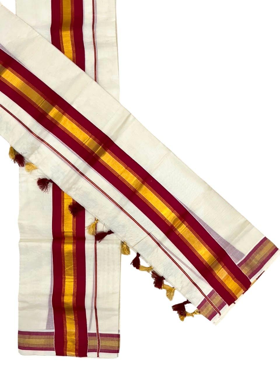 Southloom Kerala Cotton Single Set Mundu (Mundum Neriyathum) with Kasavu In Maroon With Tussles SLKK518