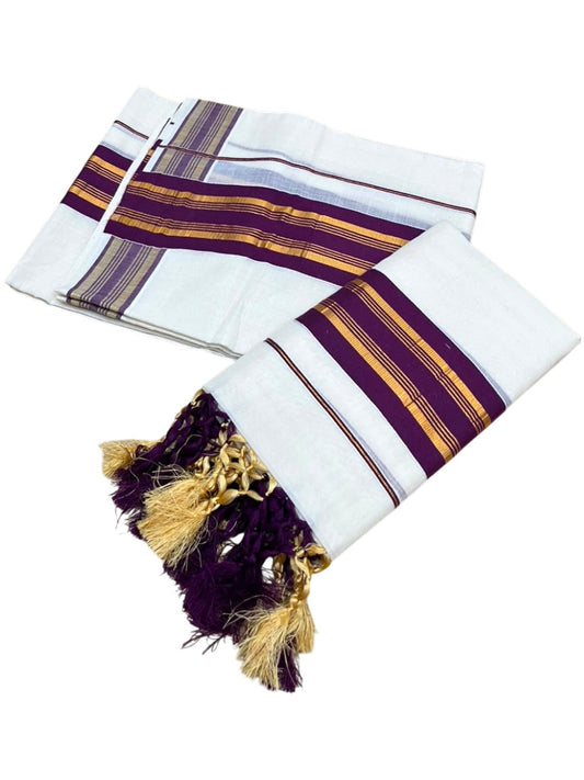 Southloom Kerala Cotton Single Set Mundu (Mundum Neriyathum) with Kasavu In Purple With Tussles SLKK518