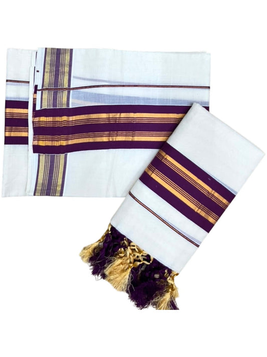 Southloom Kerala Cotton Single Set Mundu (Mundum Neriyathum) with Kasavu In Purple With Tussles SLKK518