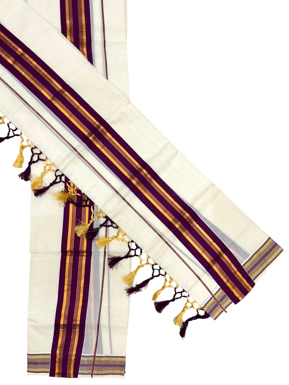 Southloom Kerala Cotton Single Set Mundu (Mundum Neriyathum) with Kasavu In Purple With Tussles SLKK518