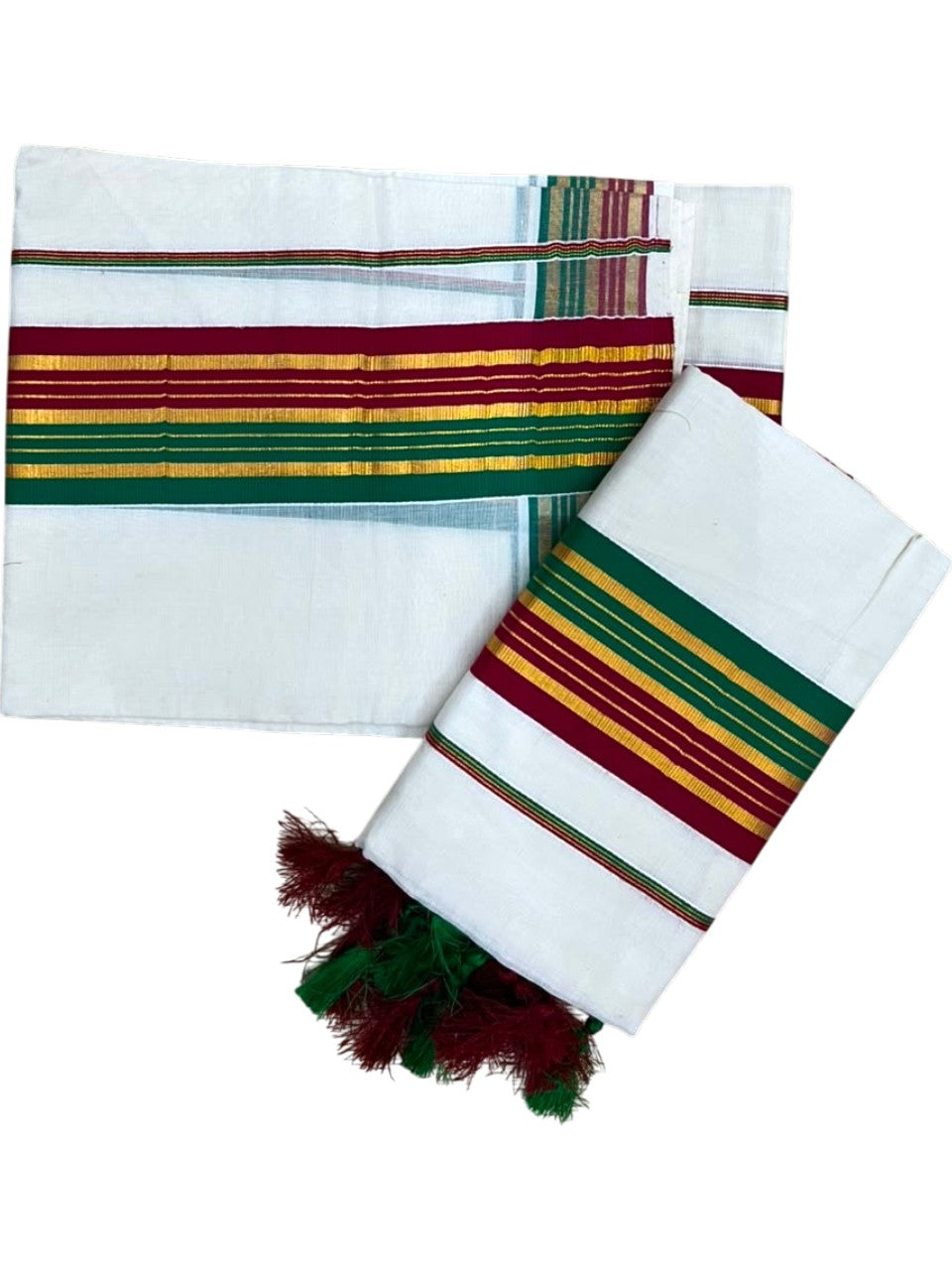 Southloom Kerala Cotton Single Set Mundu (Mundum Neriyathum) with Kasavu In Maroon & Green With Tussles SLKK518