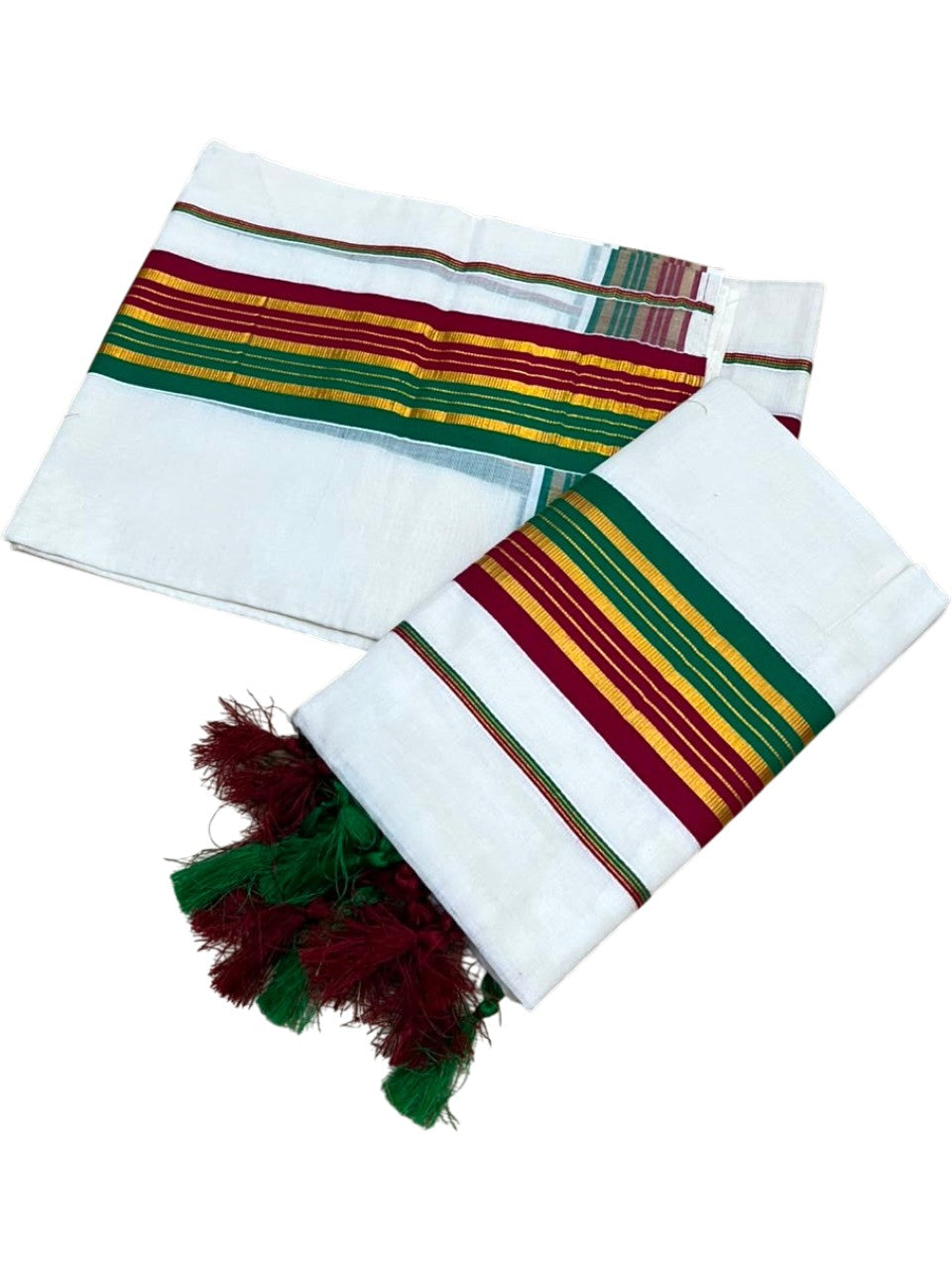 Southloom Kerala Cotton Single Set Mundu (Mundum Neriyathum) with Kasavu In Maroon & Green With Tussles SLKK518