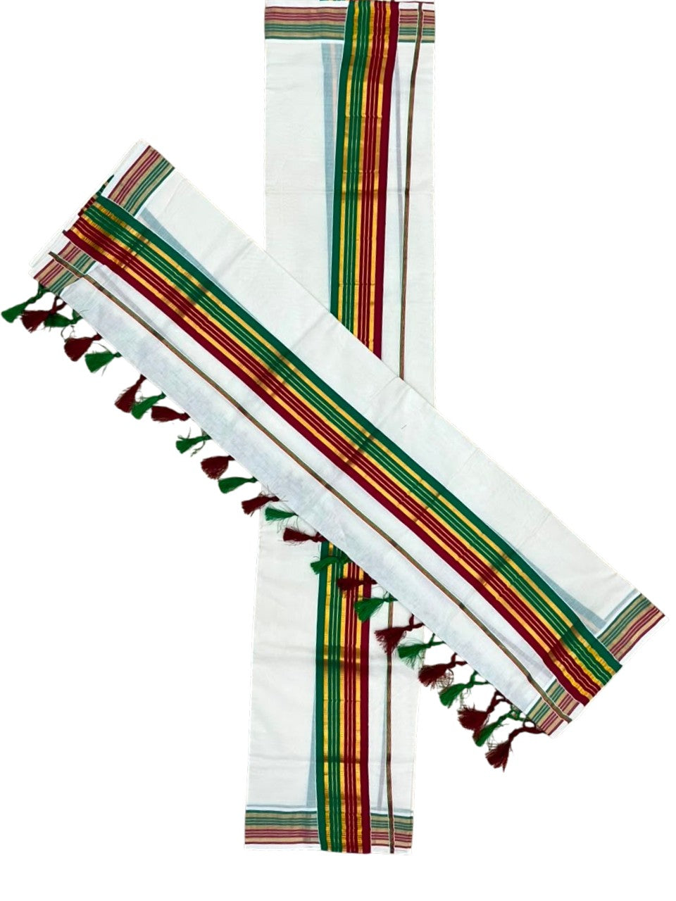 Southloom Kerala Cotton Single Set Mundu (Mundum Neriyathum) with Kasavu In Maroon & Green With Tussles SLKK518