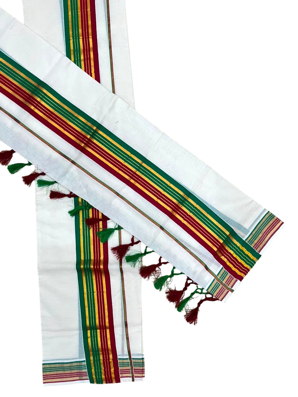 Southloom Kerala Cotton Single Set Mundu (Mundum Neriyathum) with Kasavu In Maroon & Green With Tussles SLKK518