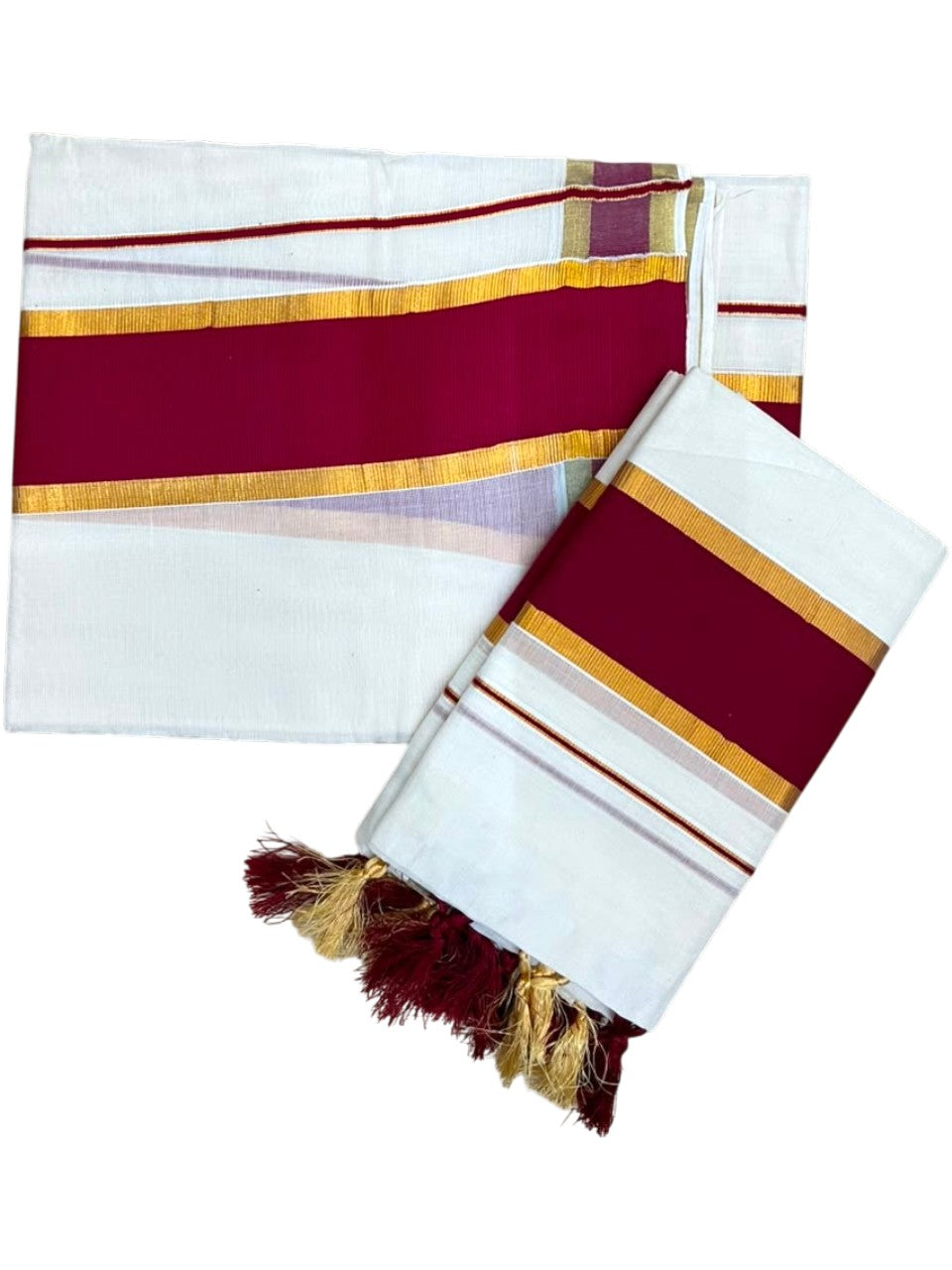 Southloom Kerala Cotton Single Set Mundu (Mundum Neriyathum) with Kasavu In Maroon With Tussles SLKK518