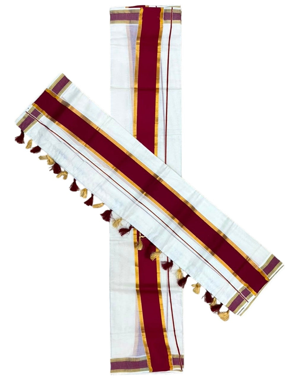 Southloom Kerala Cotton Single Set Mundu (Mundum Neriyathum) with Kasavu In Maroon With Tussles SLKK518