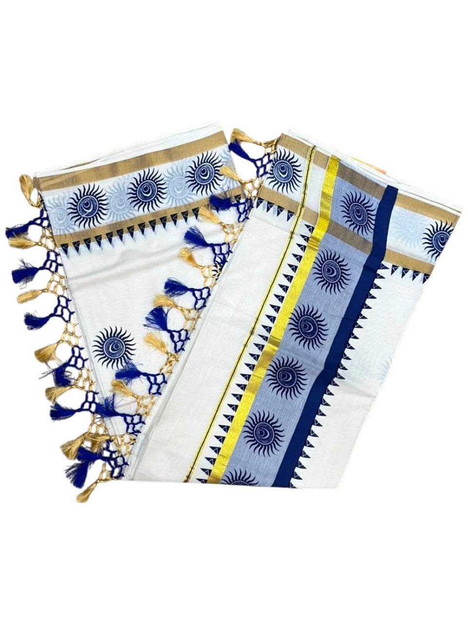 Southloom Cotton Kerala Kasavu Saree with Digital Print On Body With Temple Borders With Tussles In Blue SL519