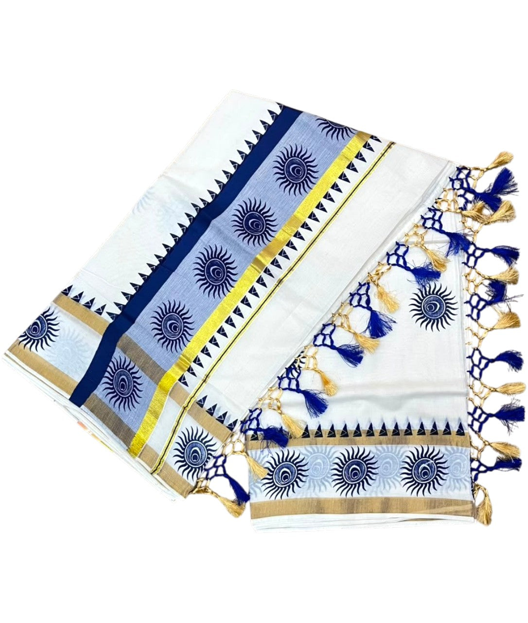 Southloom Cotton Kerala Kasavu Saree with Digital Print On Body With Temple Borders With Tussles In Blue SL519