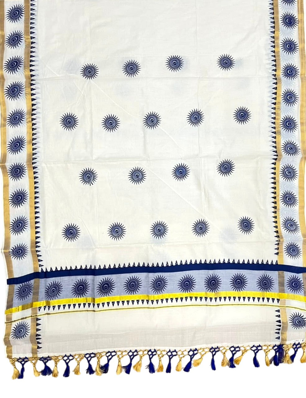 Southloom Cotton Kerala Kasavu Saree with Digital Print On Body With Temple Borders With Tussles In Blue SL519