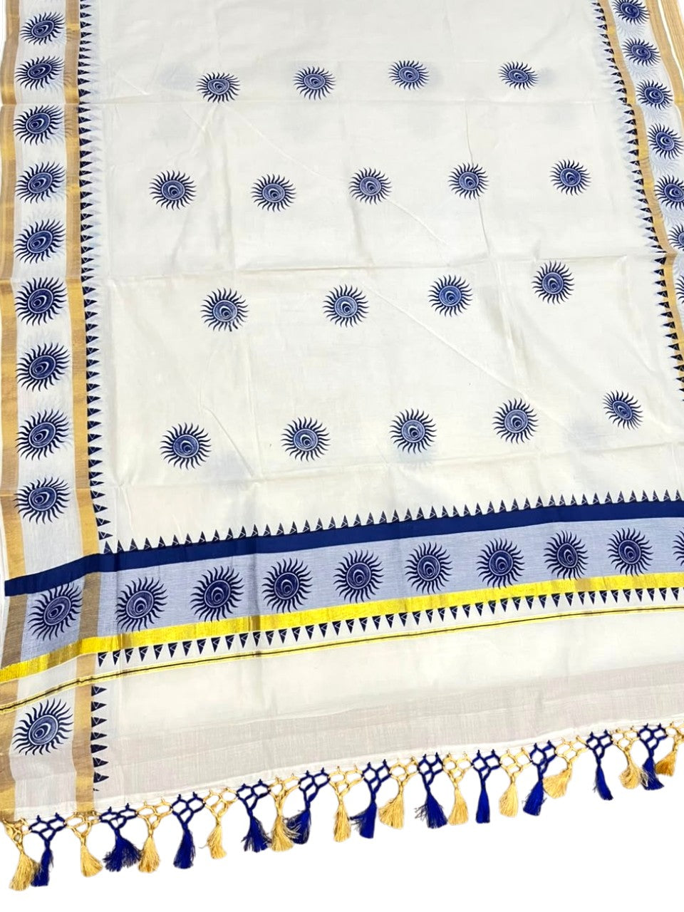 Southloom Cotton Kerala Kasavu Saree with Digital Print On Body With Temple Borders With Tussles In Blue SL519