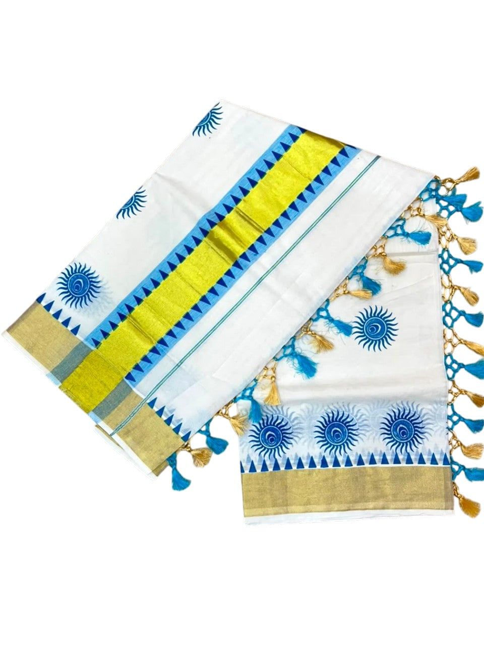 Southloom Cotton Kerala Kasavu Saree with Digital Print On Body With Temple Borders With Tussles In Blue SL519