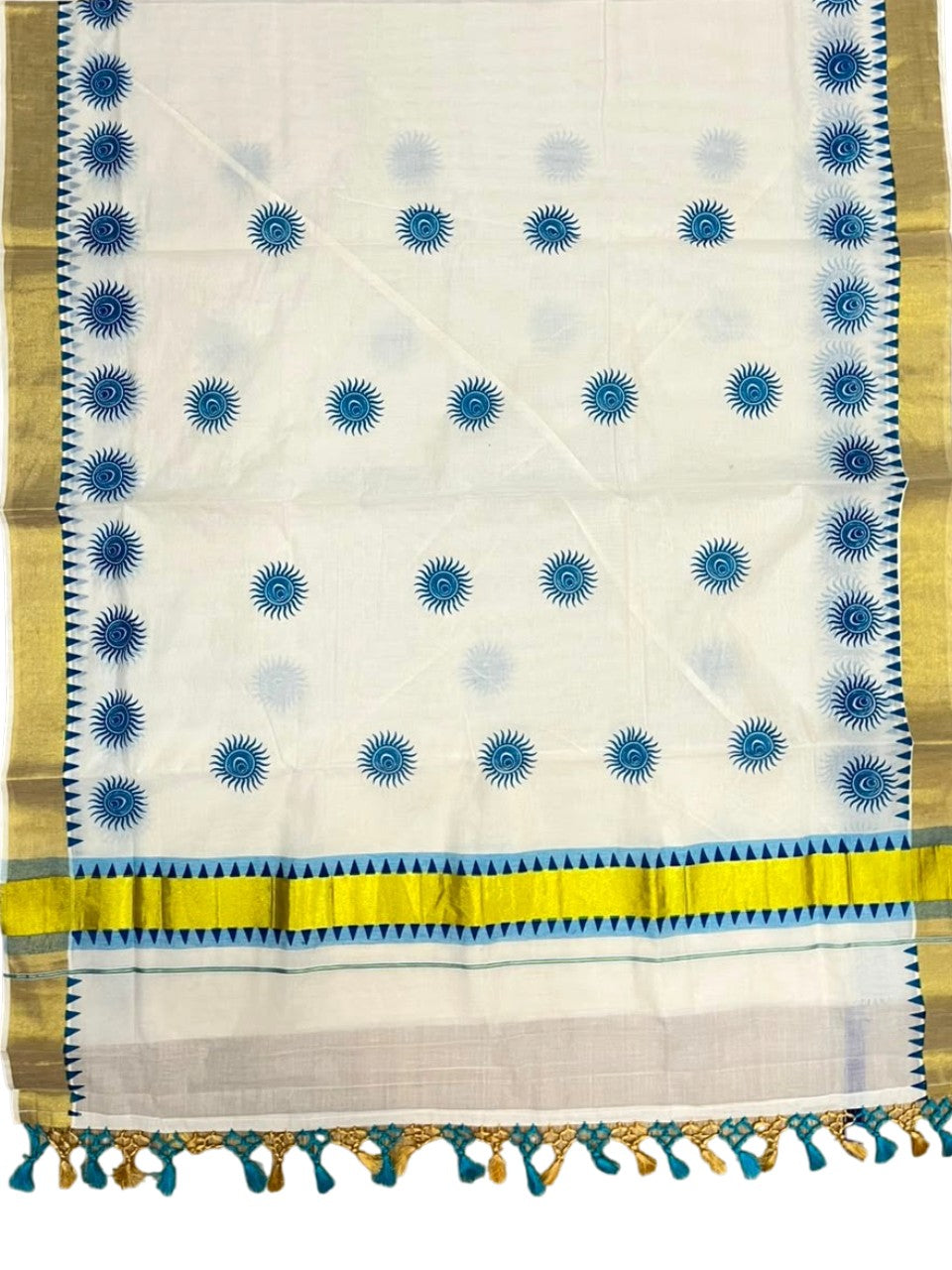 Southloom Cotton Kerala Kasavu Saree with Digital Print On Body With Temple Borders With Tussles In Blue SL519