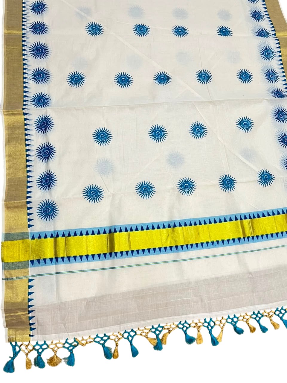 Southloom Cotton Kerala Kasavu Saree with Digital Print On Body With Temple Borders With Tussles In Blue SL519