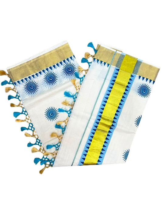 Southloom Cotton Kerala Kasavu Saree with Digital Print On Body With Temple Borders With Tussles In Blue SL519