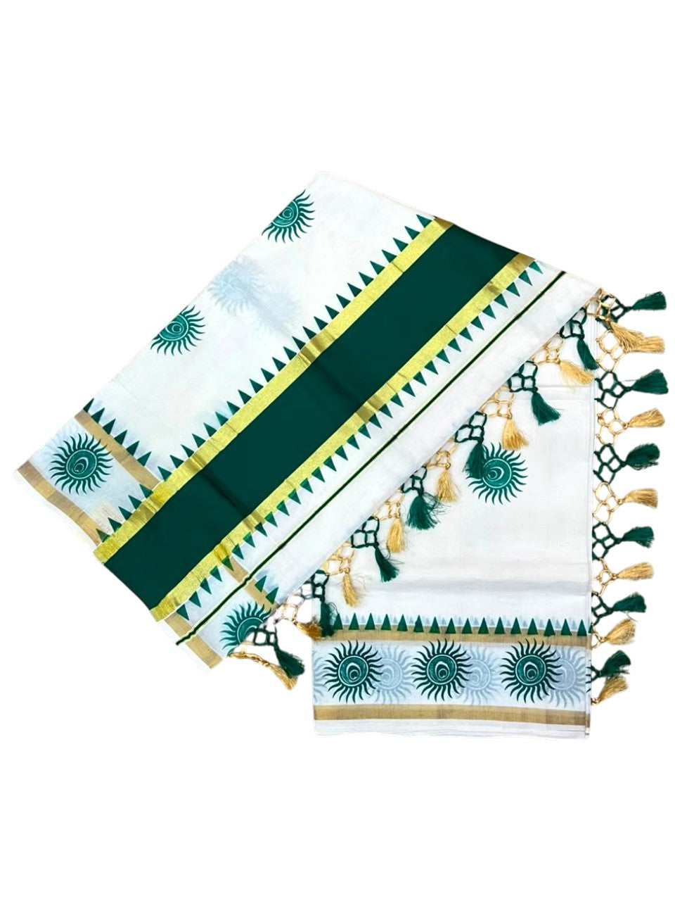 Southloom Cotton Kerala Kasavu Saree with Digital Print On Body With Temple Borders With Tussles In Green SL519