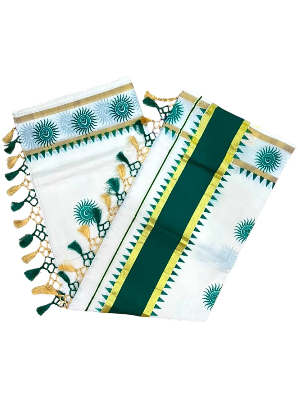 Southloom Cotton Kerala Kasavu Saree with Digital Print On Body With Temple Borders With Tussles In Green SL519