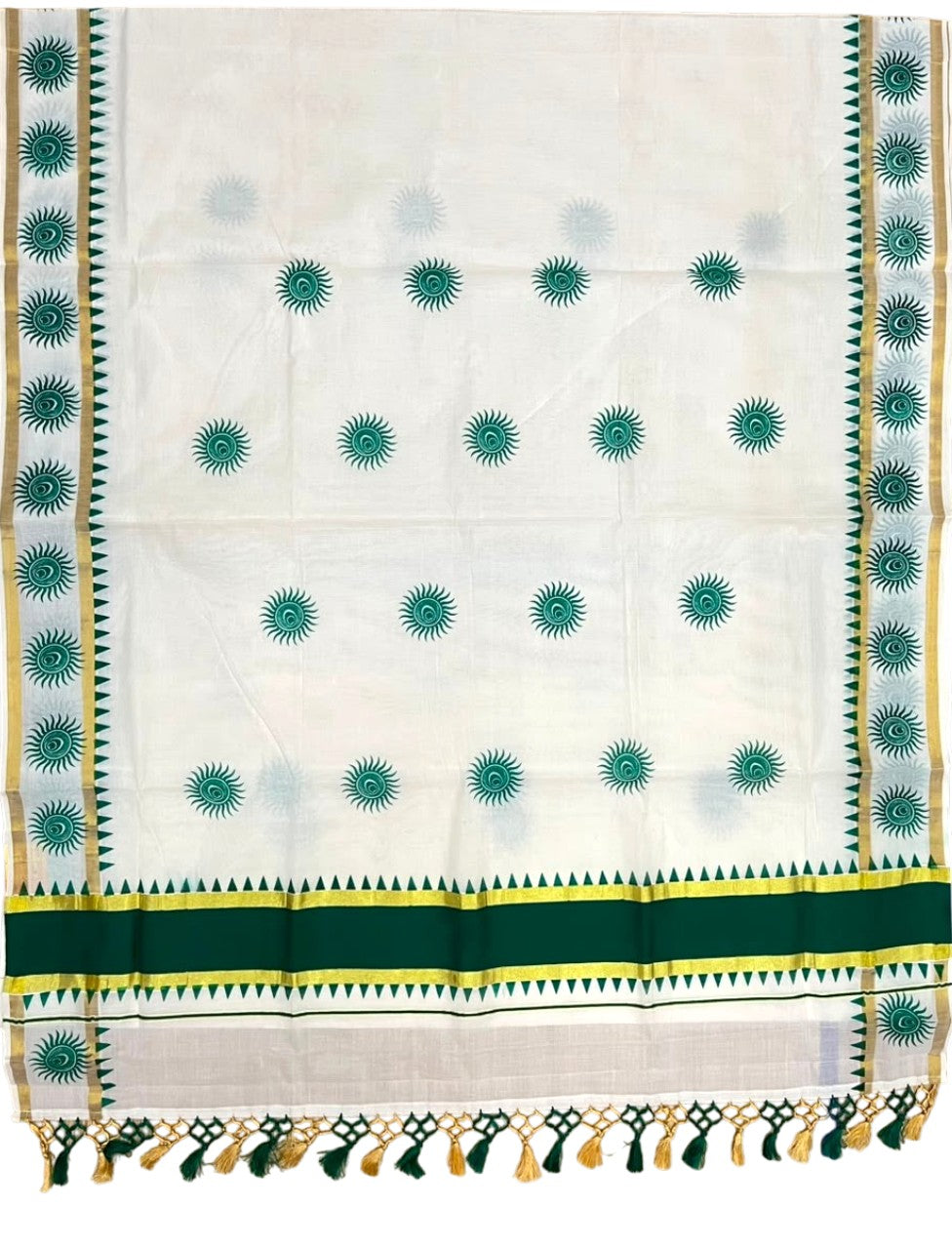 Southloom Cotton Kerala Kasavu Saree with Digital Print On Body With Temple Borders With Tussles In Green SL519