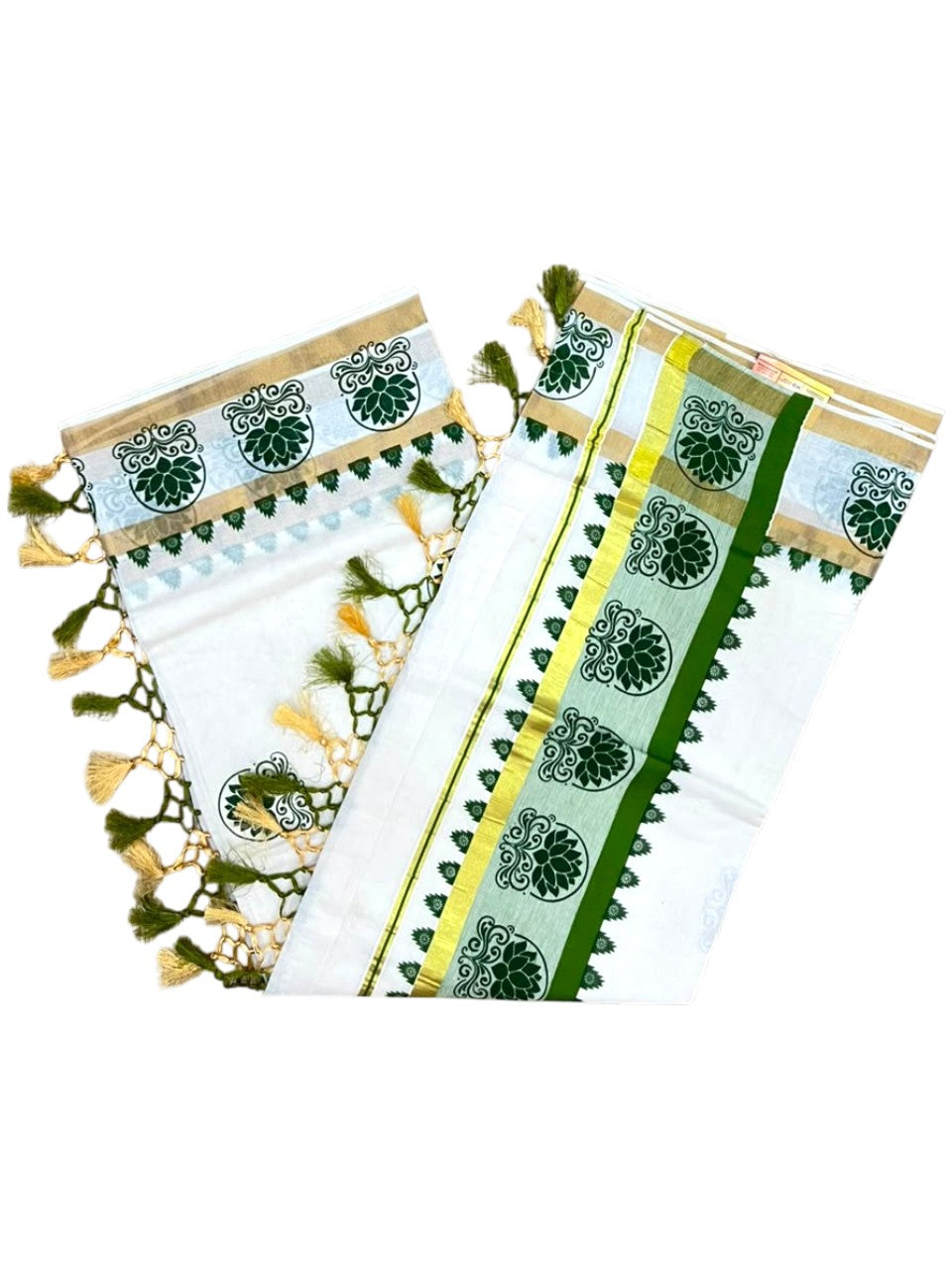 Southloom Cotton Kerala Kasavu Saree with Digital Print On Body With Temple Borders With Tussles In Olive Green SL519
