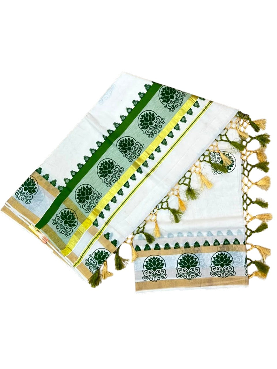 Southloom Cotton Kerala Kasavu Saree with Digital Print On Body With Temple Borders With Tussles In Olive Green SL519