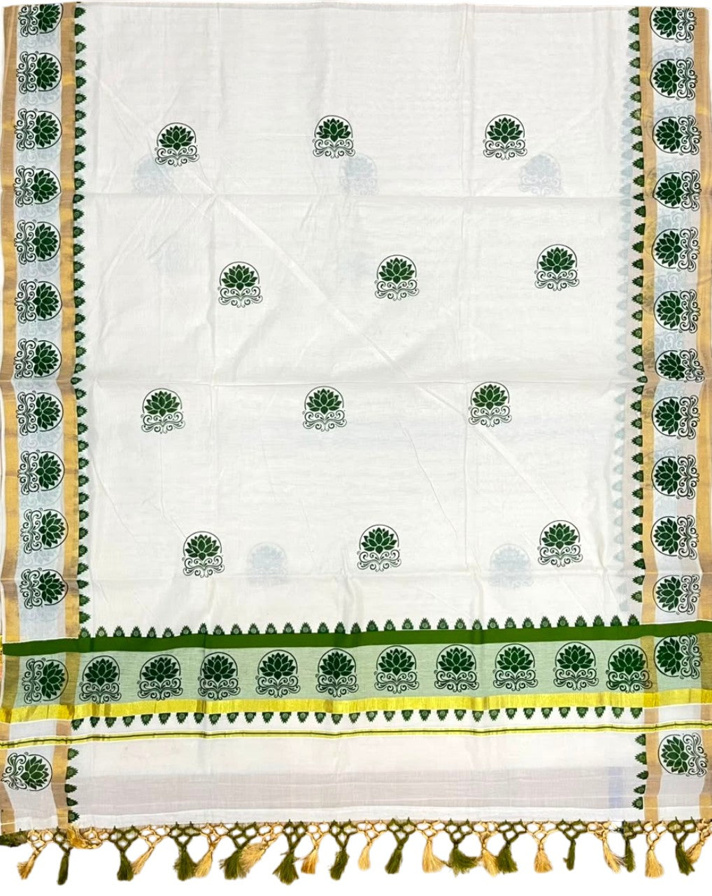 Southloom Cotton Kerala Kasavu Saree with Digital Print On Body With Temple Borders With Tussles In Olive Green SL519