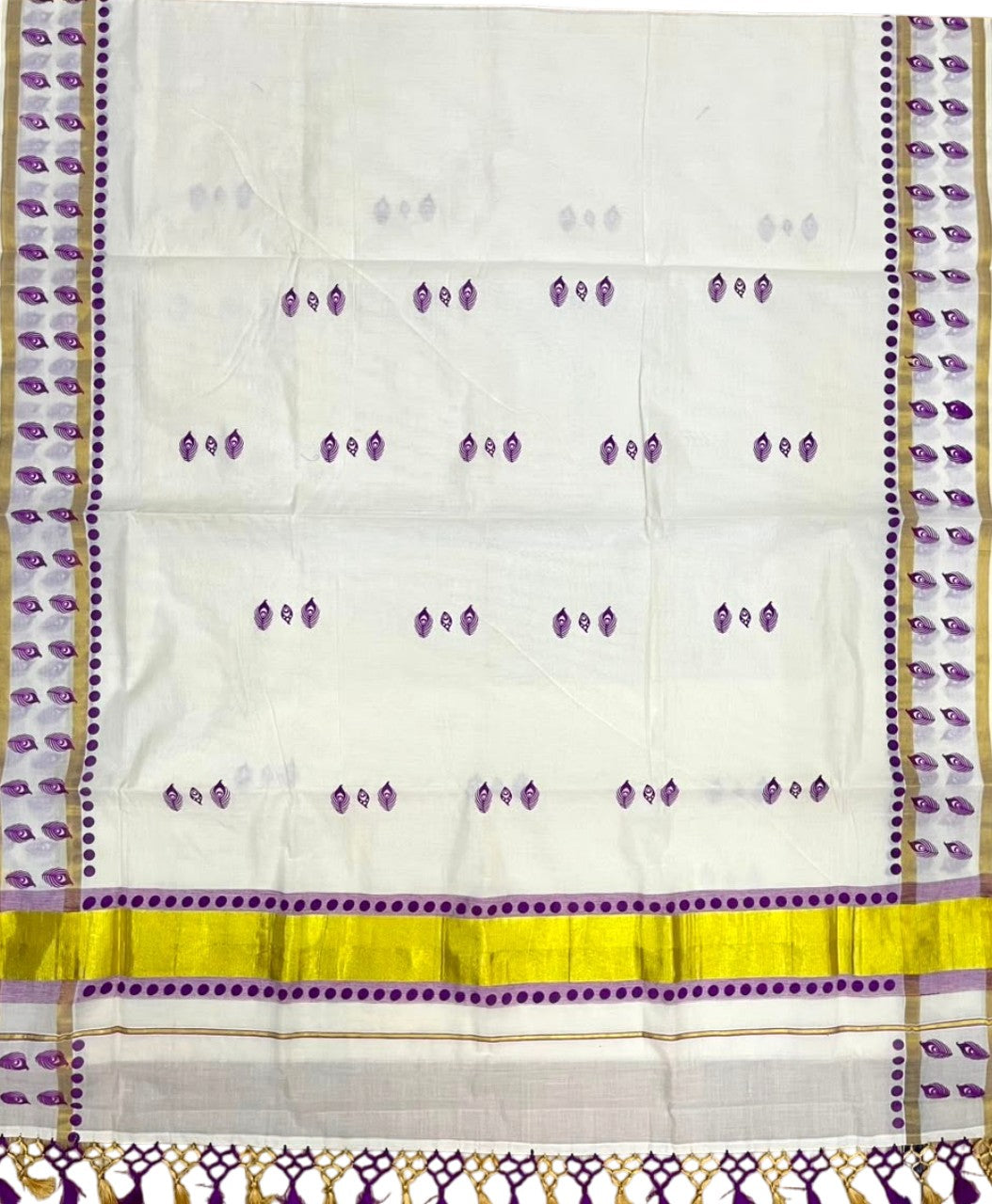 Southloom Cotton Kerala Kasavu Saree with Digital Print On Body With Temple Borders With Tussles In Magenta SL519