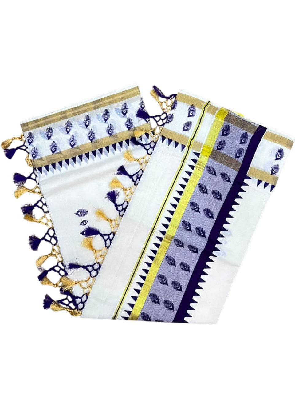 Southloom Cotton Kerala Kasavu Saree with Digital Print On Body With Temple Borders With Tussles In Violet SL519