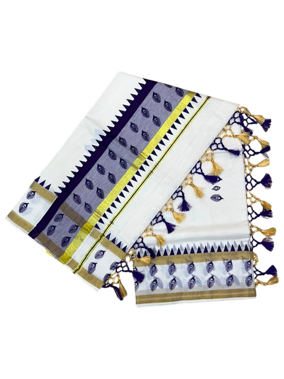 Southloom Cotton Kerala Kasavu Saree with Digital Print On Body With Temple Borders With Tussles In Violet SL519