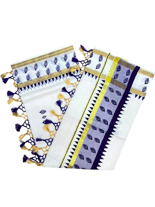 Southloom Cotton Kerala Kasavu Saree with Digital Print On Body With Temple Borders With Tussles In Violet SL519