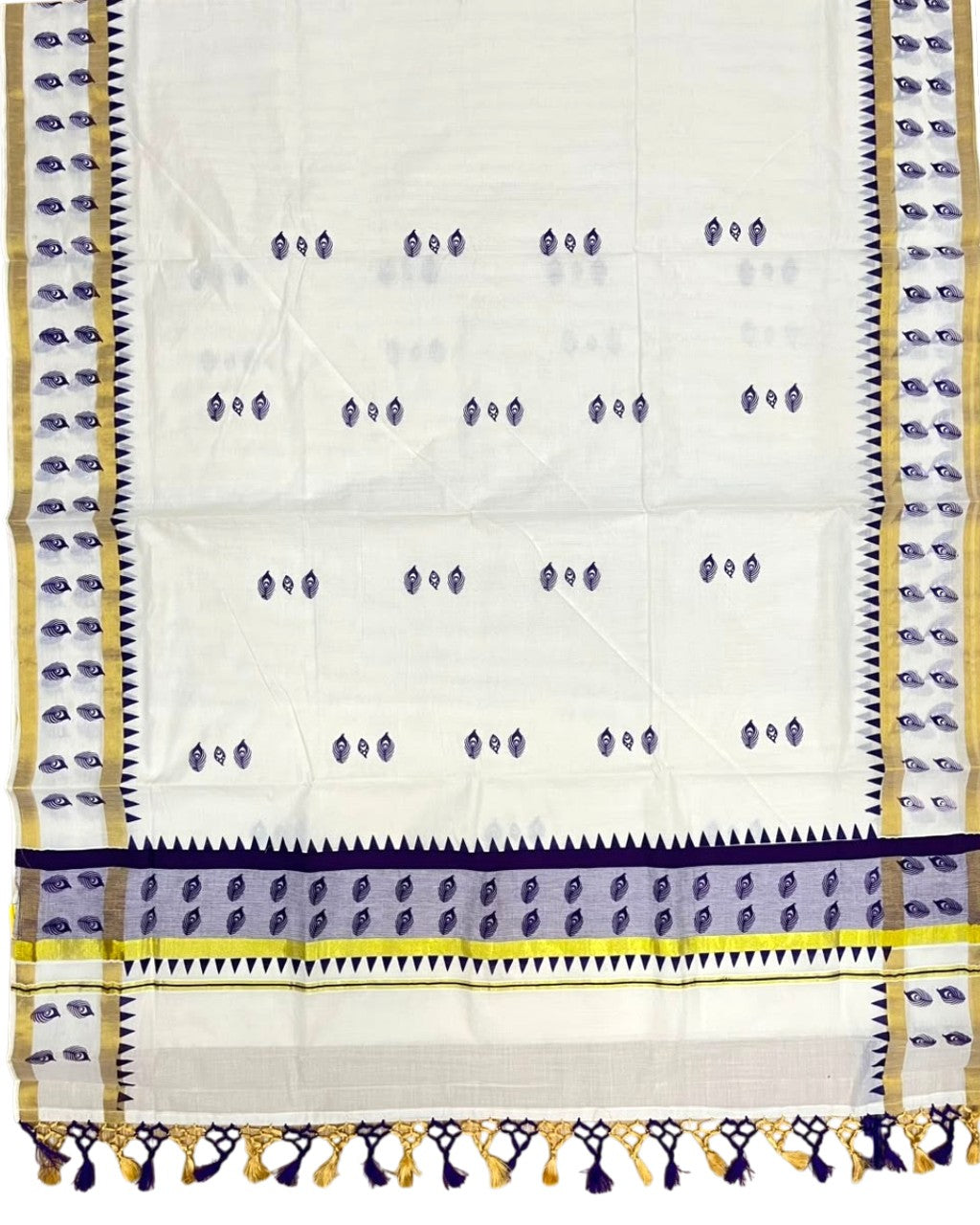 Southloom Cotton Kerala Kasavu Saree with Digital Print On Body With Temple Borders With Tussles In Violet SL519