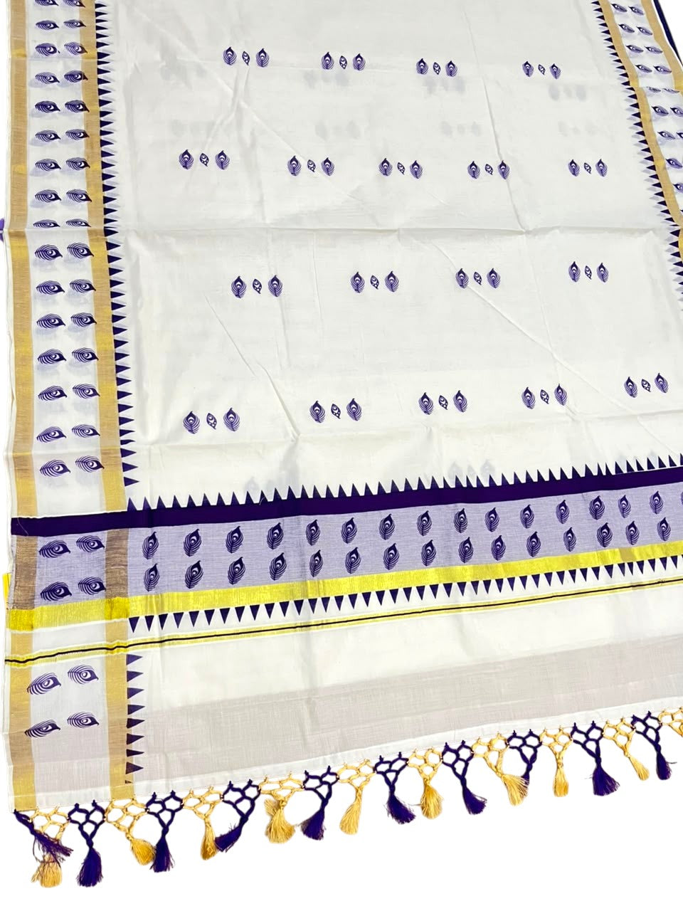 Southloom Cotton Kerala Kasavu Saree with Digital Print On Body With Temple Borders With Tussles In Violet SL519