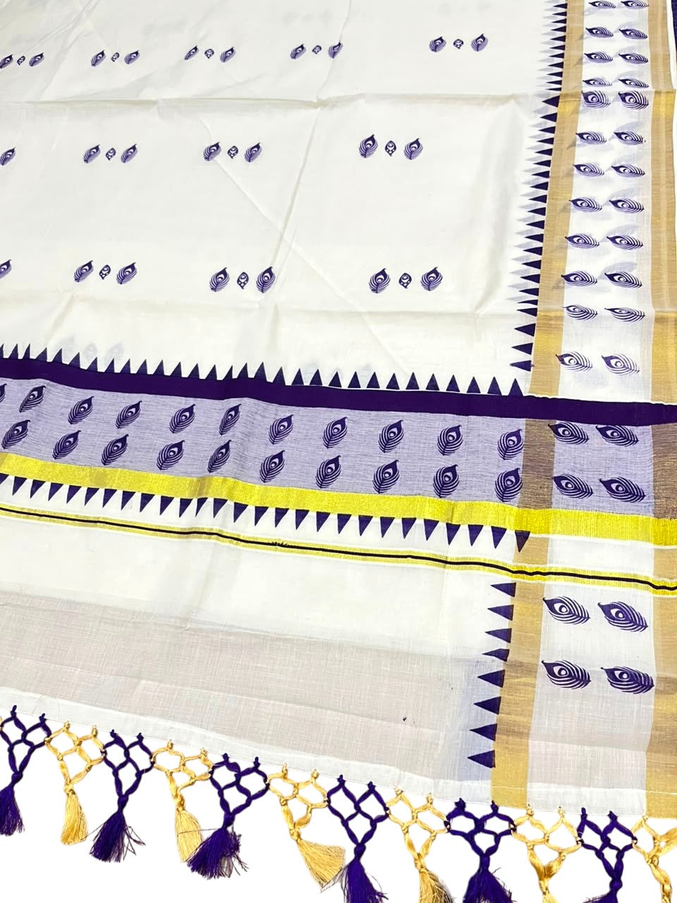 Southloom Cotton Kerala Kasavu Saree with Digital Print On Body With Temple Borders With Tussles In Violet SL519