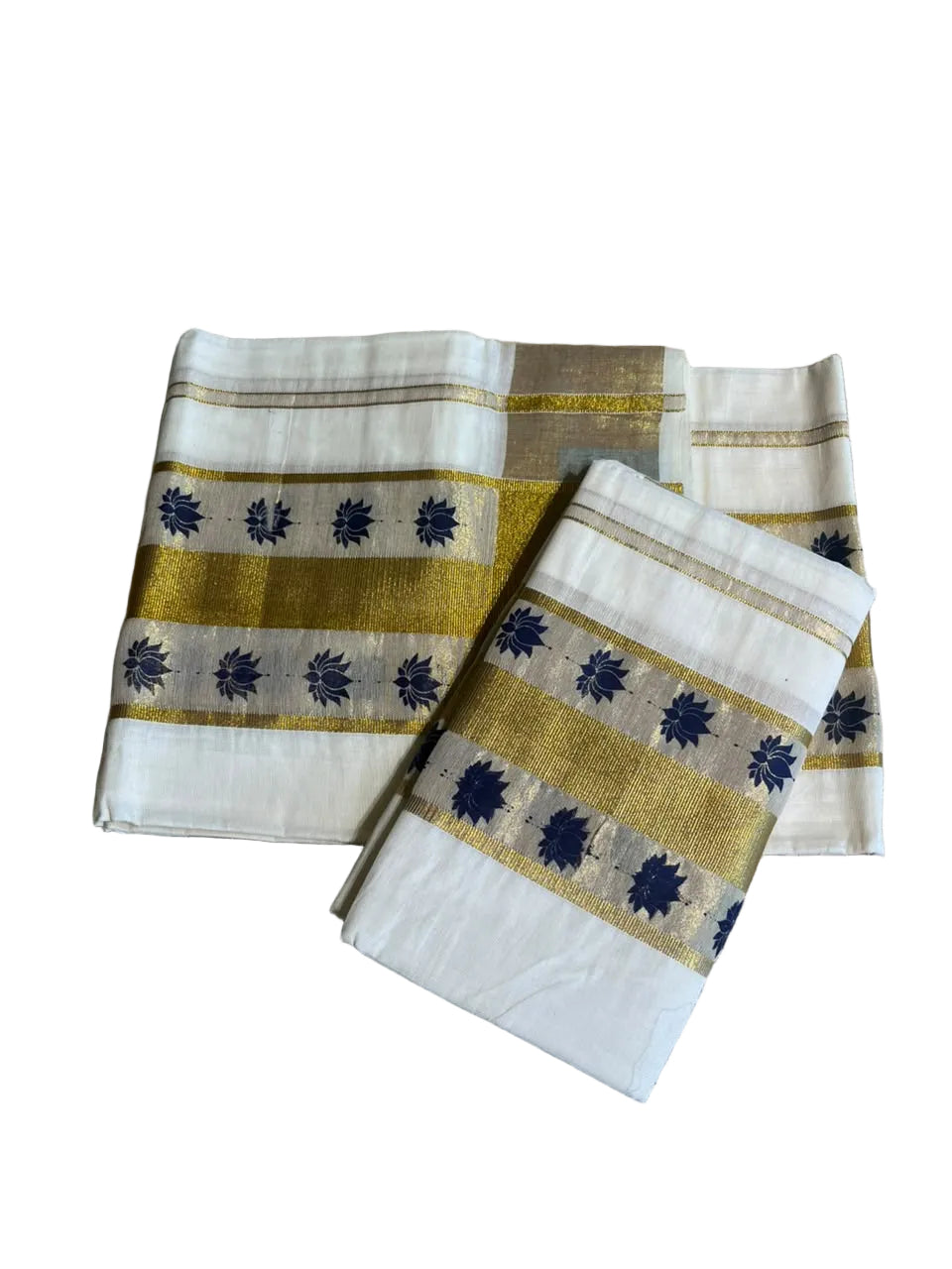Kerala Cotton Blue Colour Lotus Printed Set Mundu (2.80 mtrs) SL516