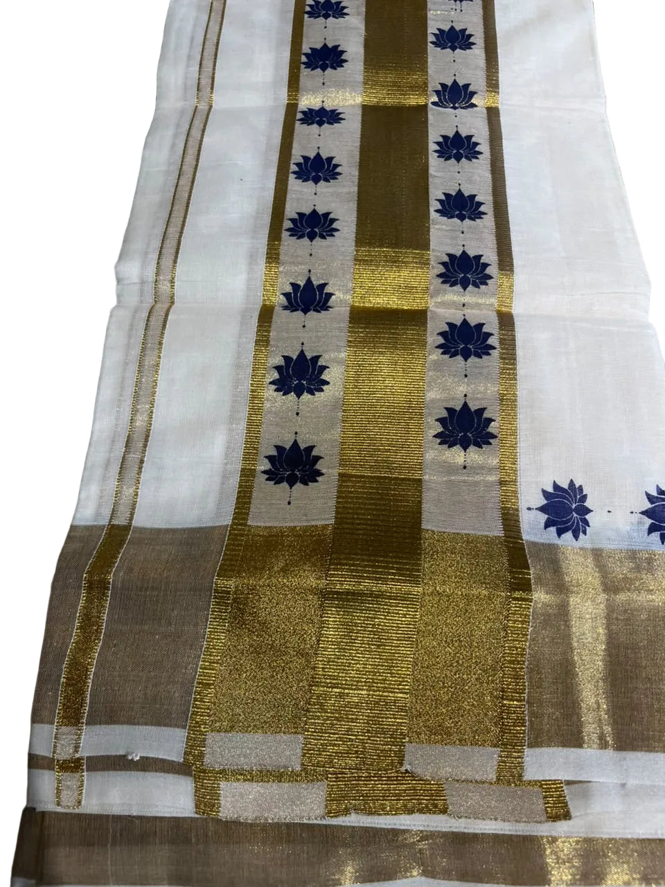Kerala Cotton Blue Colour Lotus Printed Set Mundu (2.80 mtrs) SL516