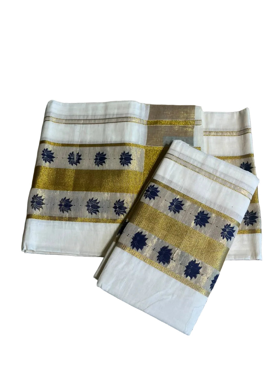 Kerala Cotton Blue Colour Lotus Printed Set Mundu (2.80 mtrs) SL516