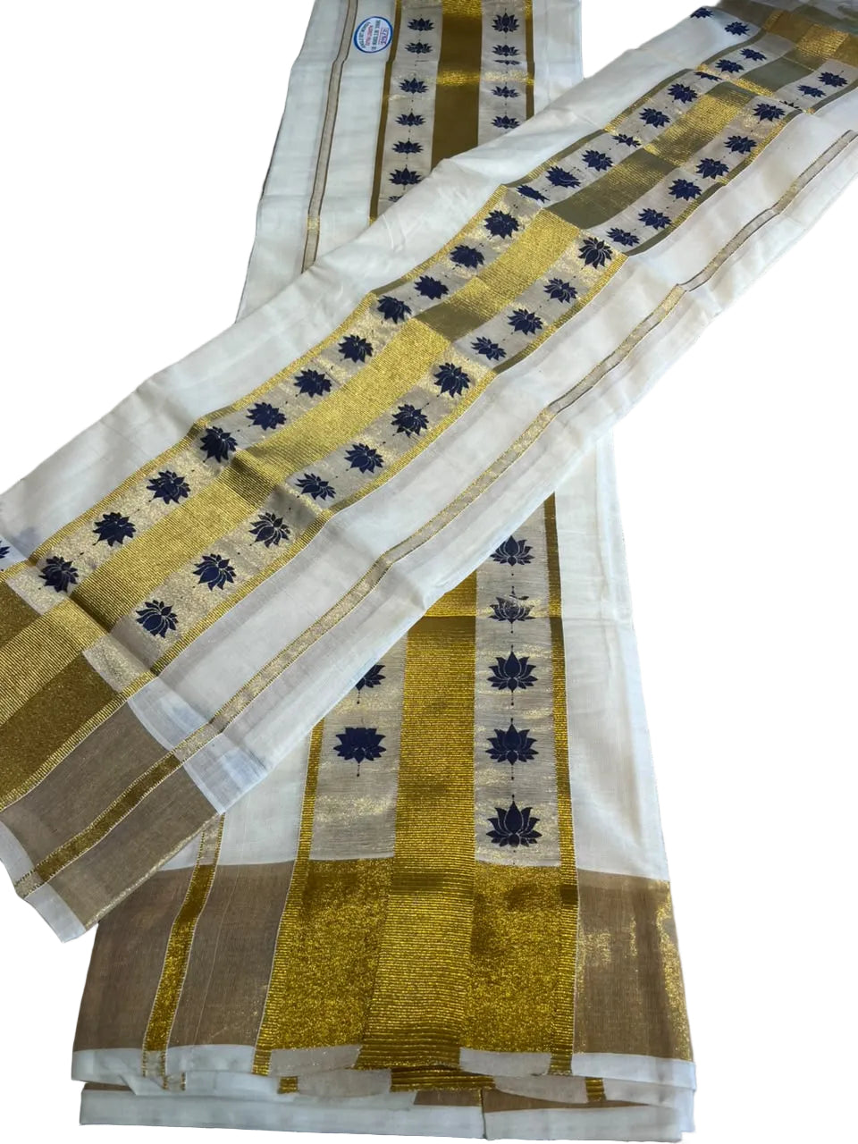 Kerala Cotton Blue Colour Lotus Printed Set Mundu (2.80 mtrs) SL516