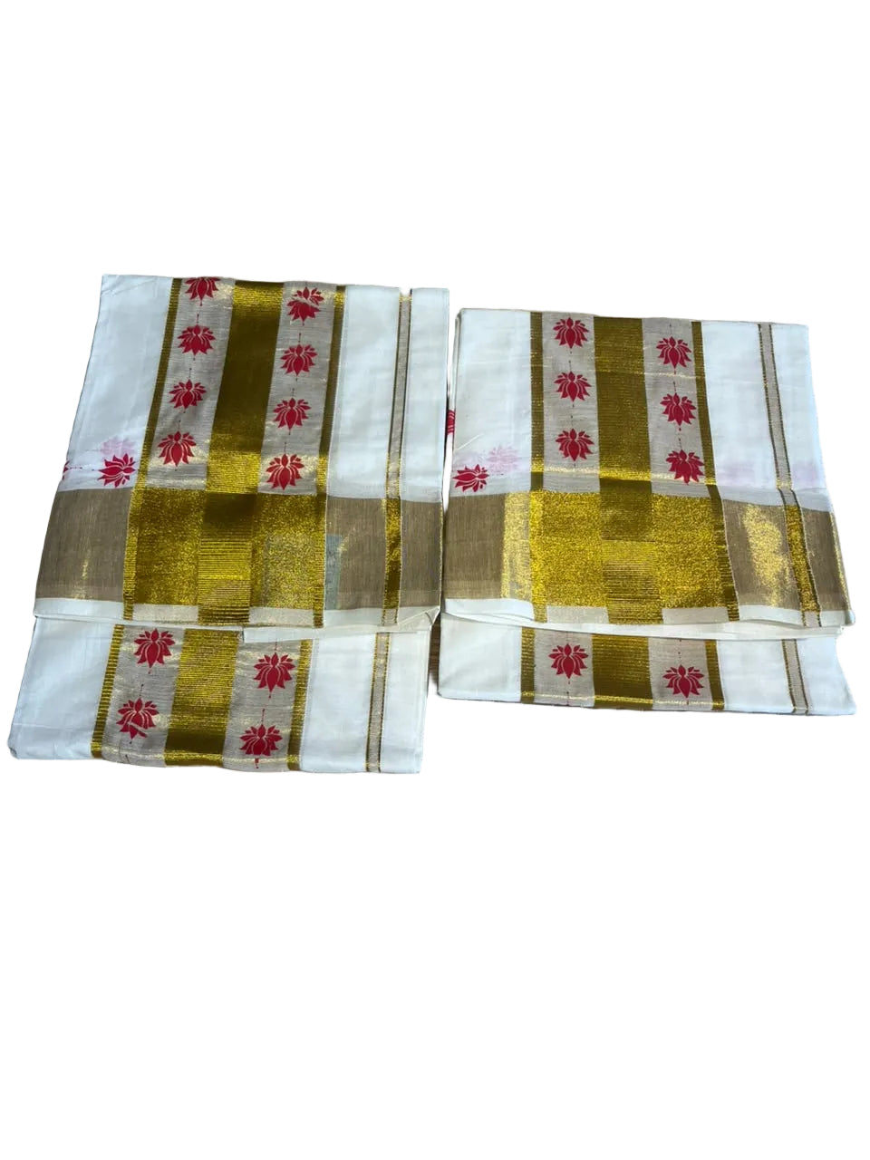 Kerala Cotton Red Colour Lotus Printed Set Mundu (2.80 mtrs) SL516