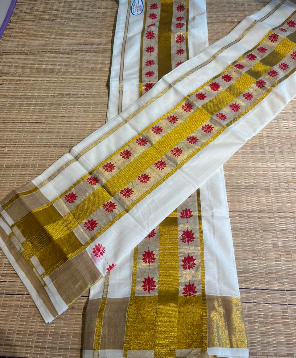 Kerala Cotton Red Colour Lotus Printed Set Mundu (2.80 mtrs) SL516