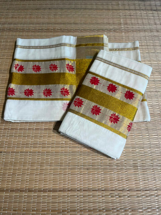 Kerala Cotton Red Colour Lotus Printed Set Mundu (2.80 mtrs) SL516