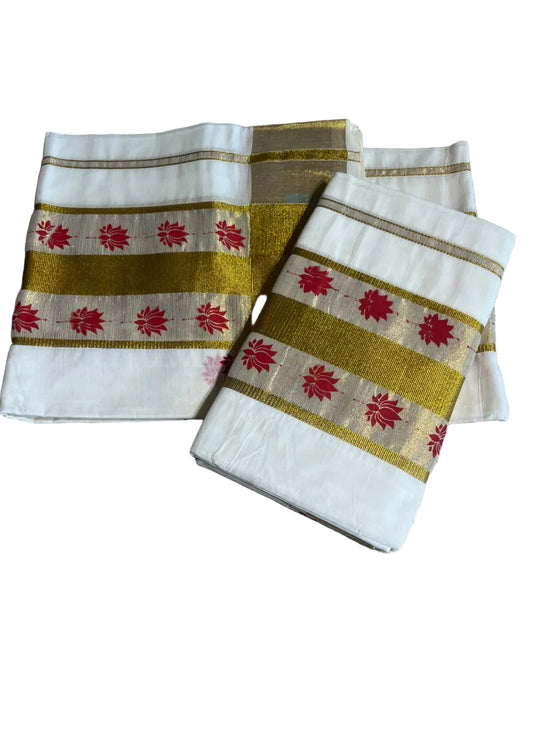 Kerala Cotton Red Colour Lotus Printed Set Mundu (2.80 mtrs) SL516